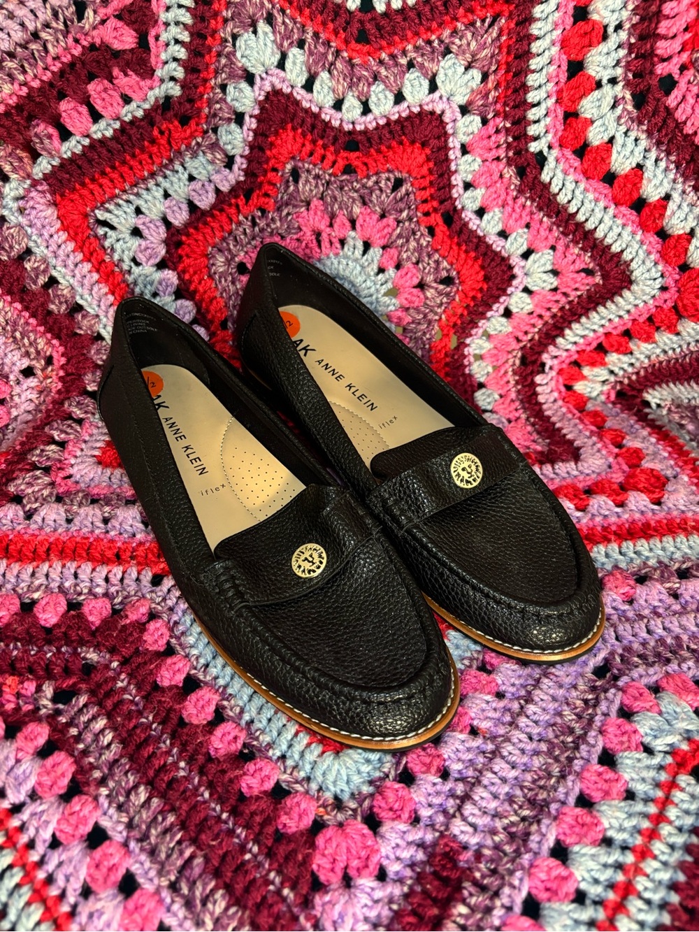 Anne Klein Black Pebbled Leather Slip-On Loafers with Logo Accent